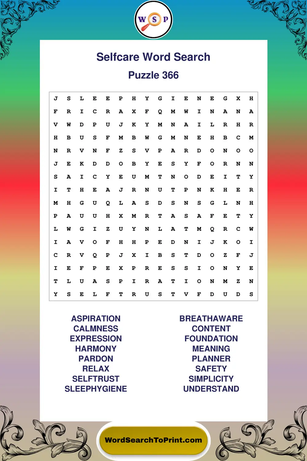 Selfcare Word Search Puzzle 366