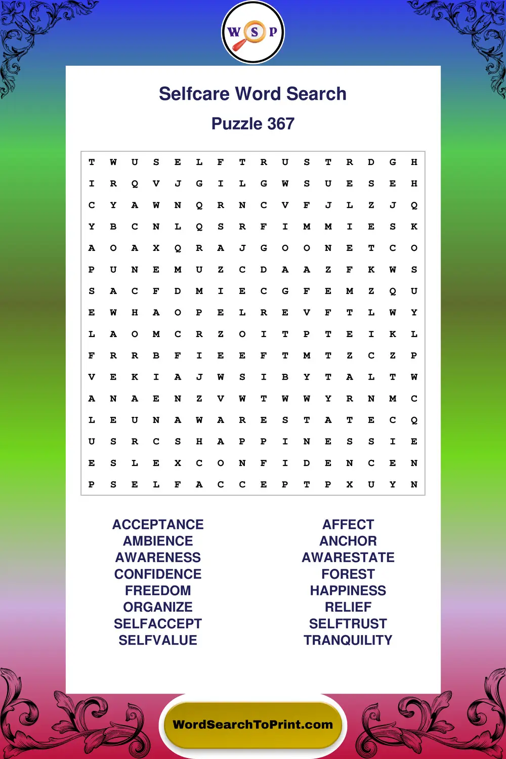 Selfcare Word Search Puzzle 367