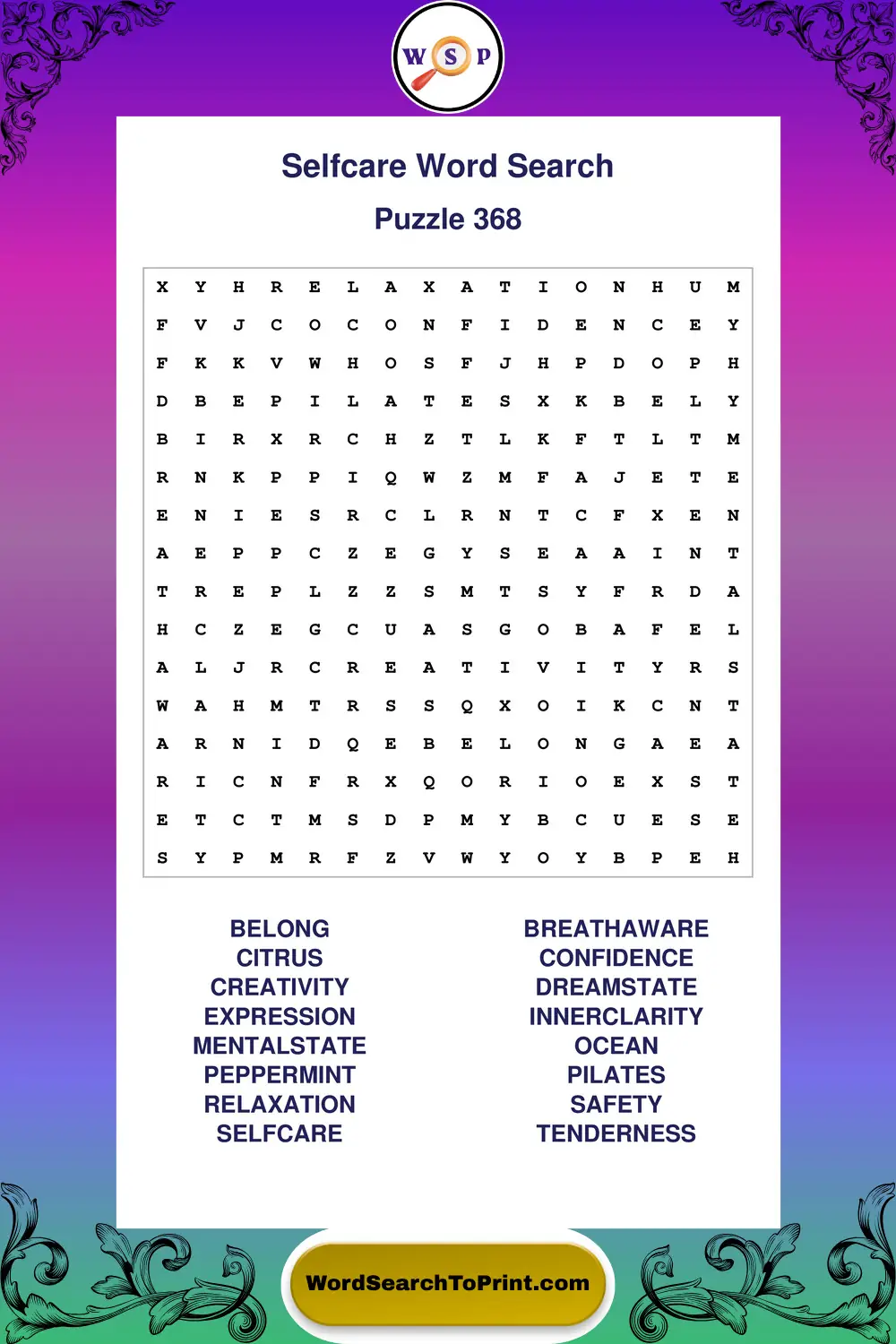 Selfcare Word Search Puzzle 368