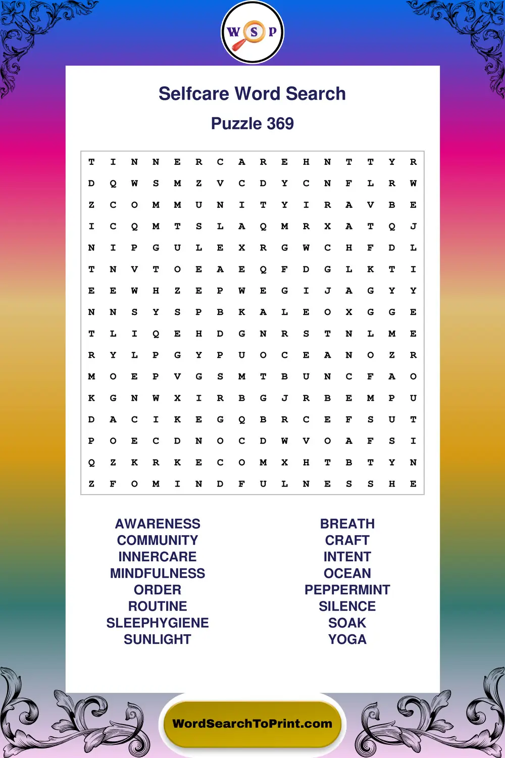 Selfcare Word Search Puzzle 369