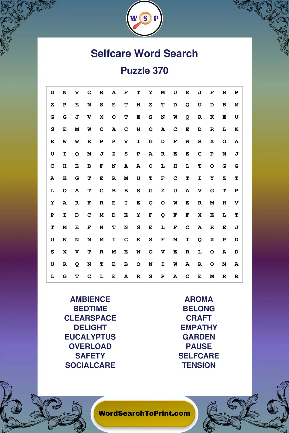 Selfcare Word Search Puzzle 370