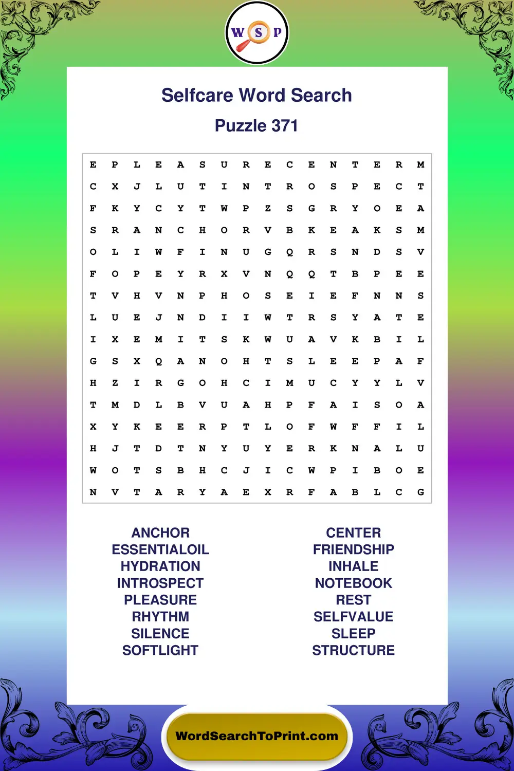 Selfcare Word Search Puzzle 371