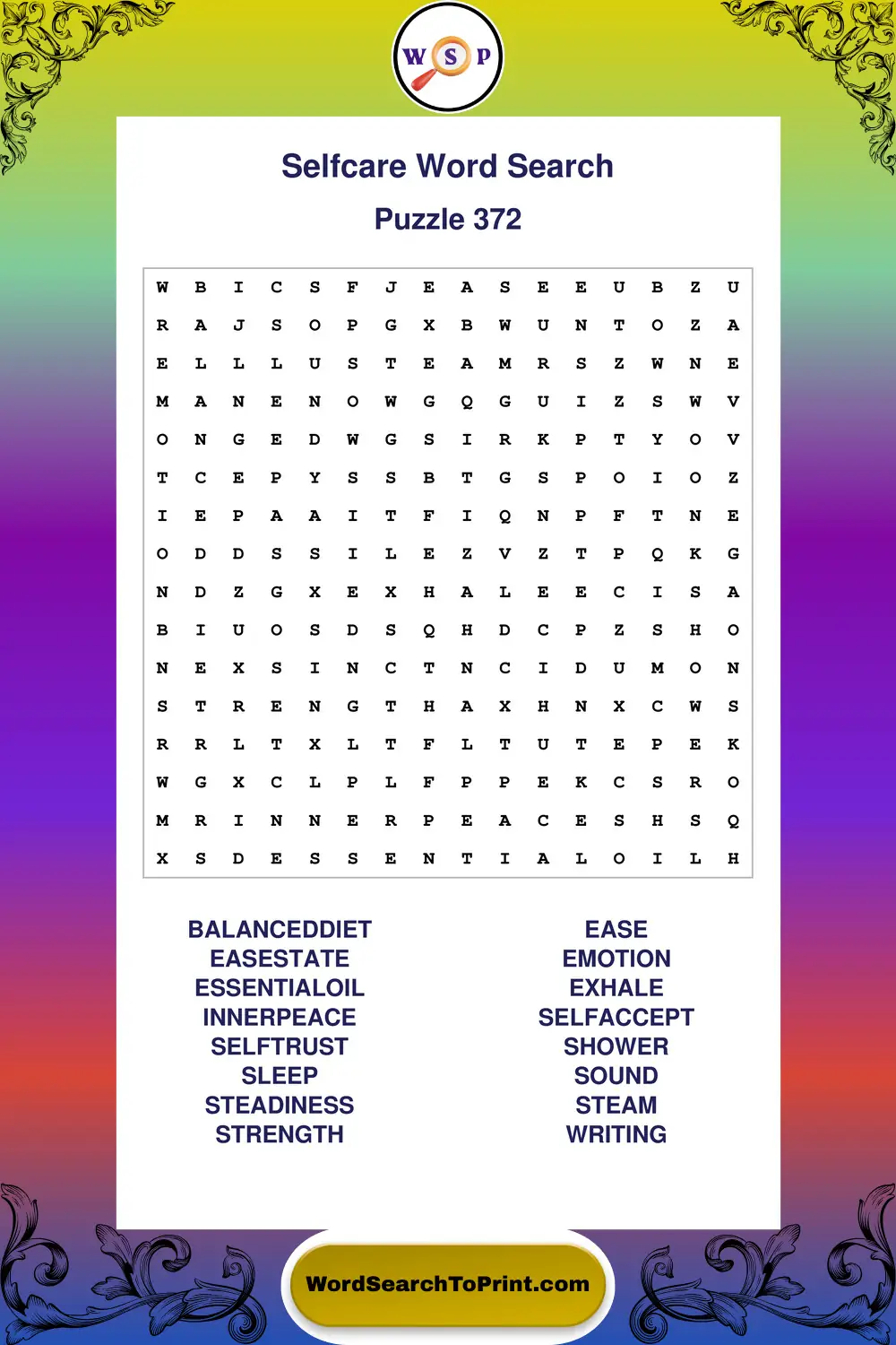 Selfcare Word Search Puzzle 372