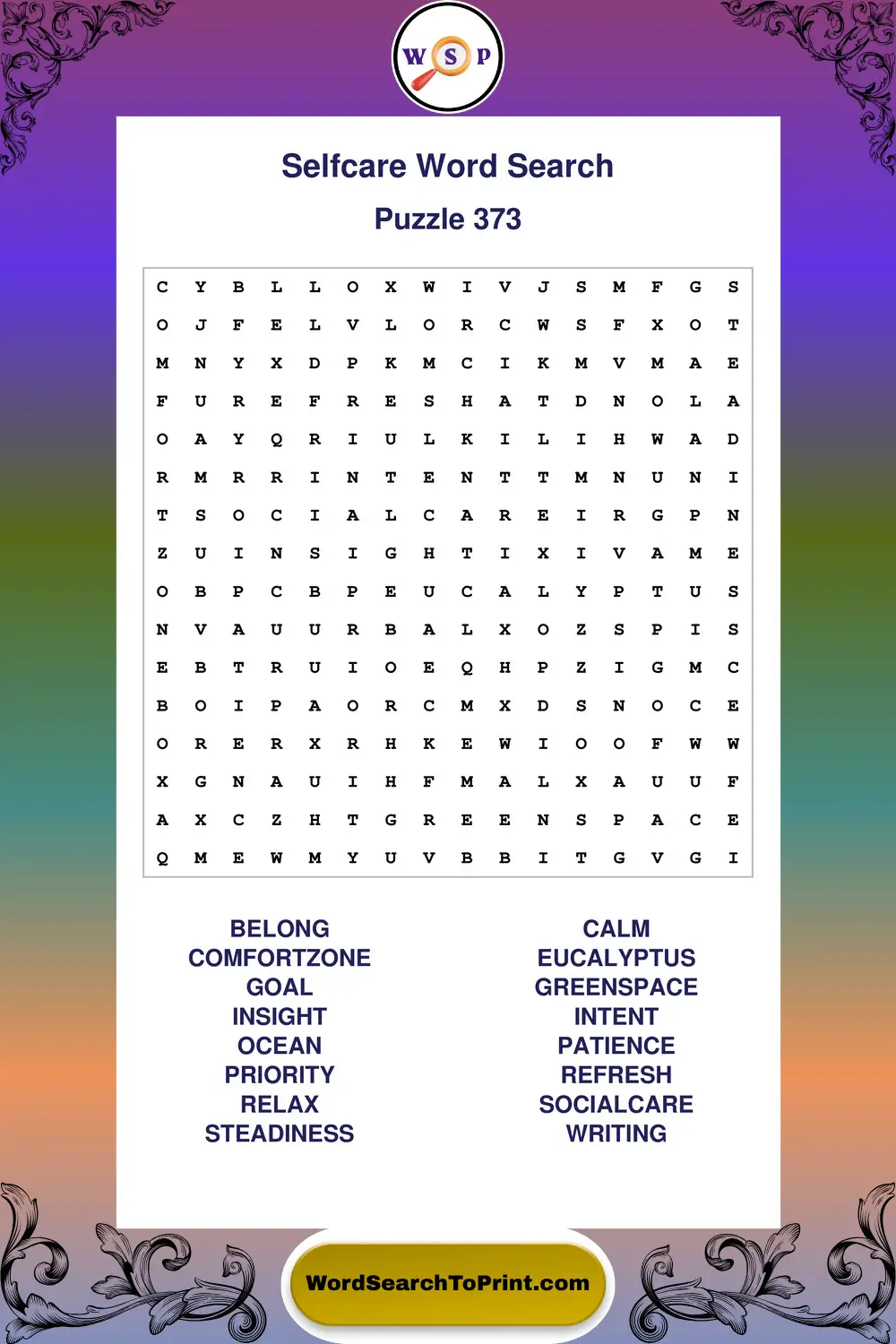 Selfcare Word Search Puzzle 373