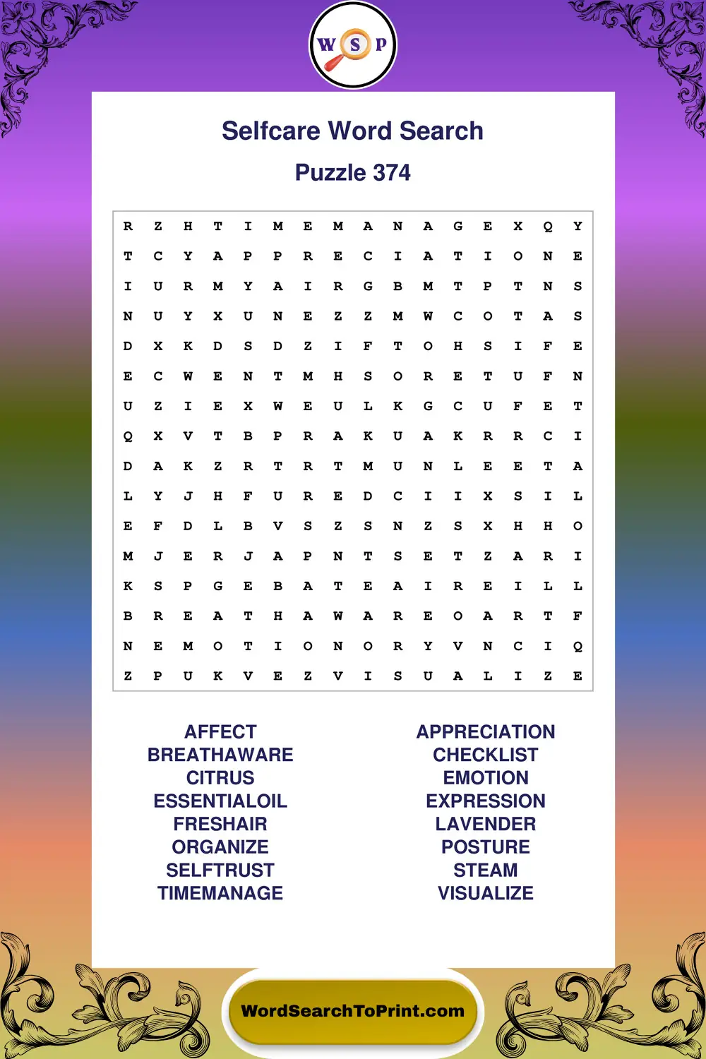 Selfcare Word Search Puzzle 374