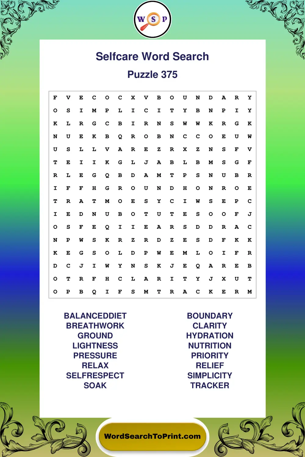 Selfcare Word Search Puzzle 375