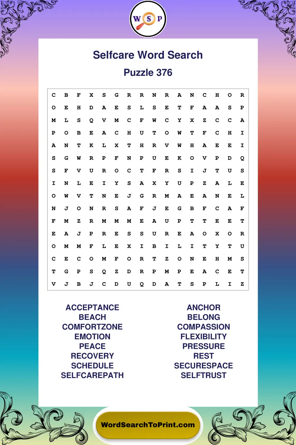 Selfcare Word Search Puzzle 376