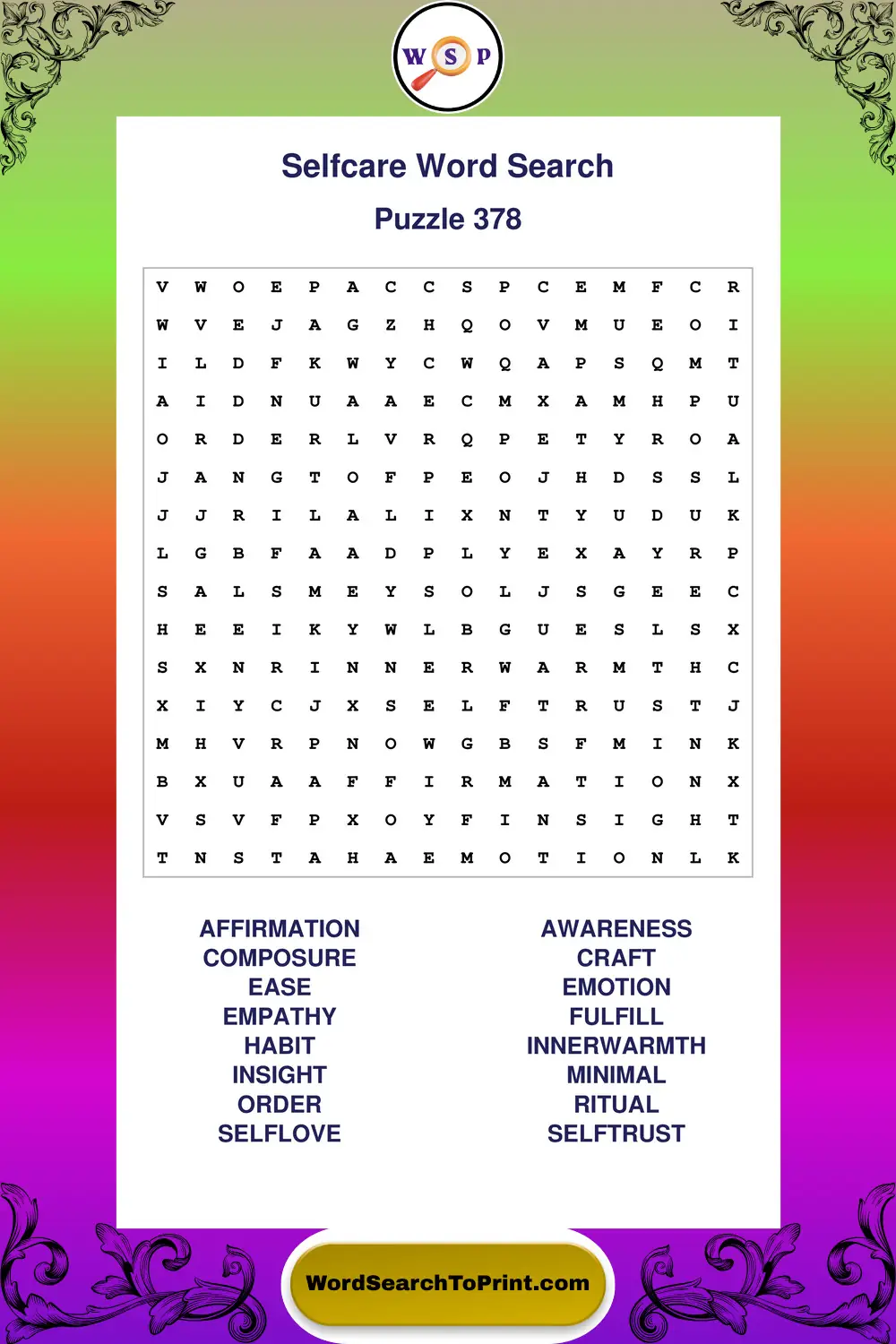 Selfcare Word Search Puzzle 378