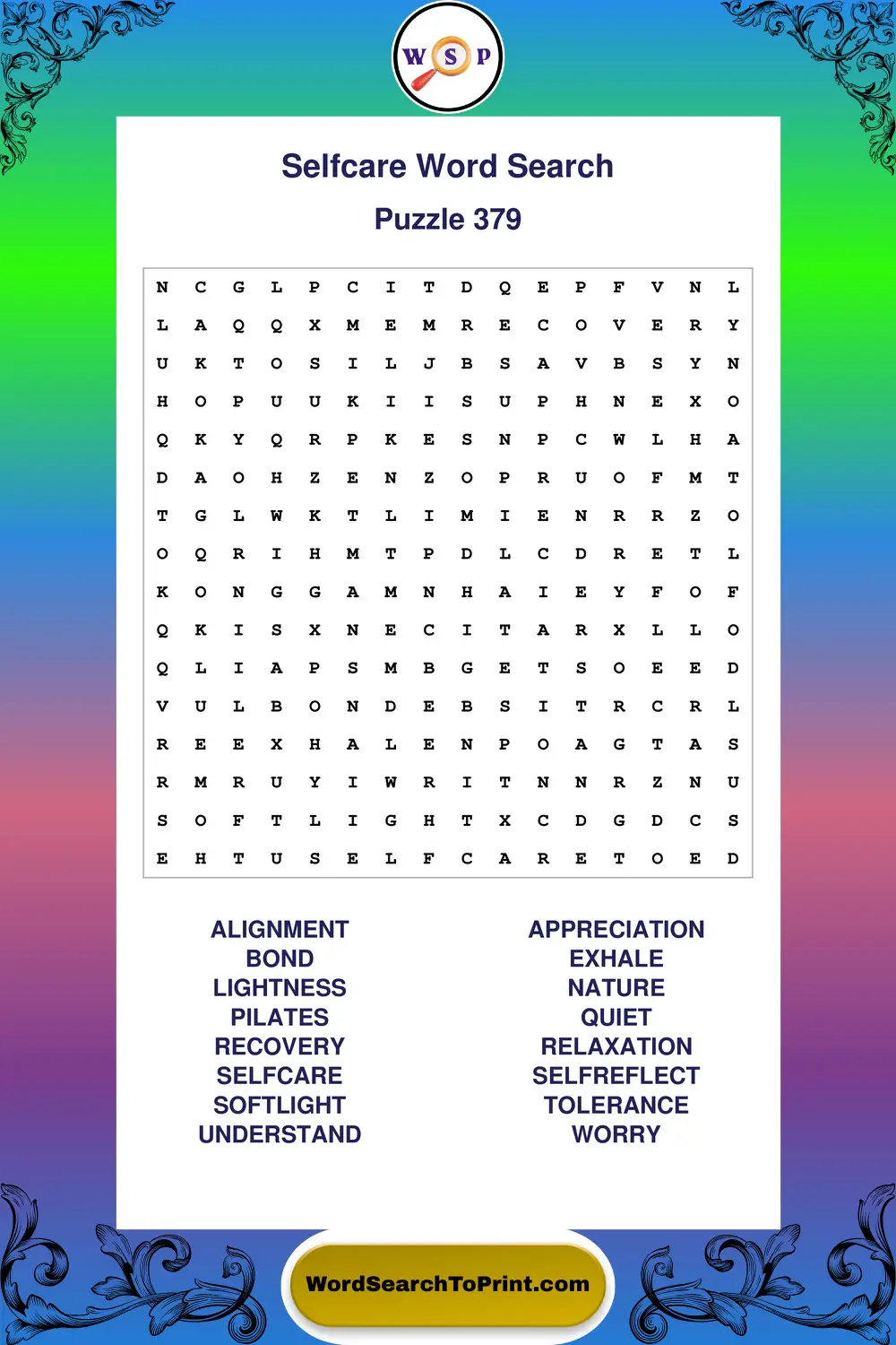 Selfcare Word Search Puzzle 379