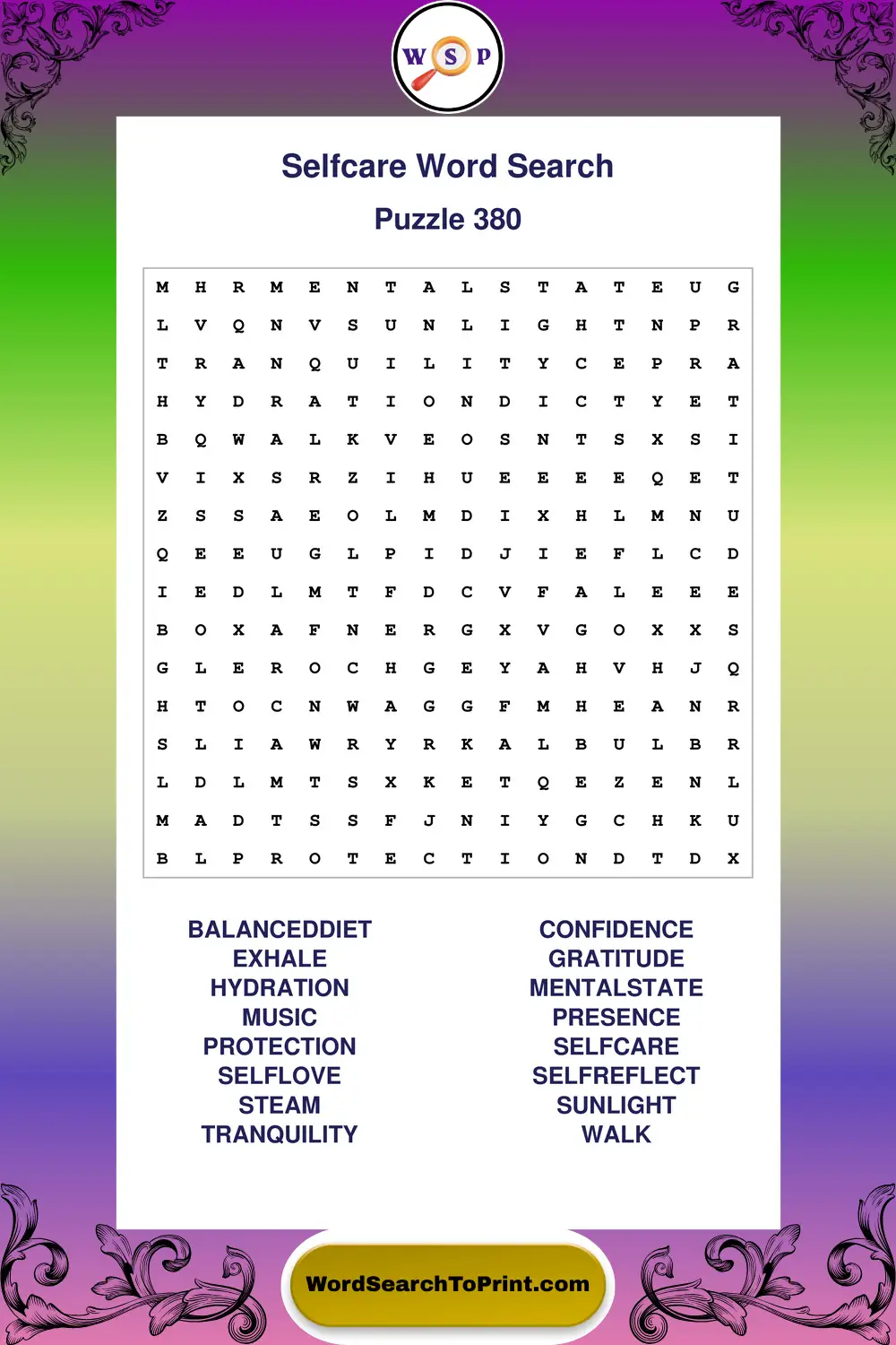 Selfcare Word Search Puzzle 380