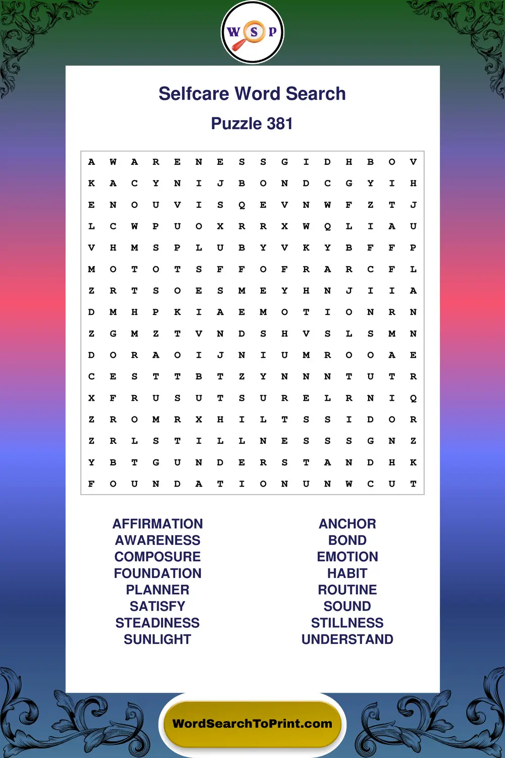 Selfcare Word Search Puzzle 381