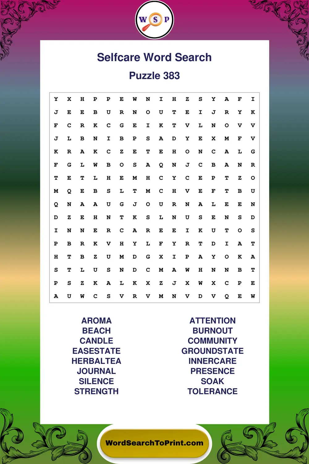 Selfcare Word Search Puzzle 383
