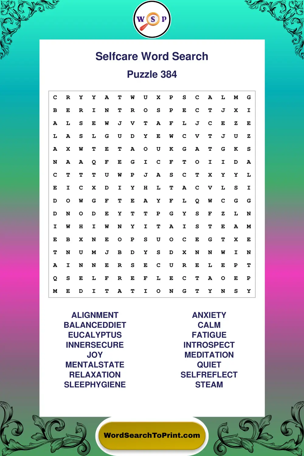 Selfcare Word Search Puzzle 384