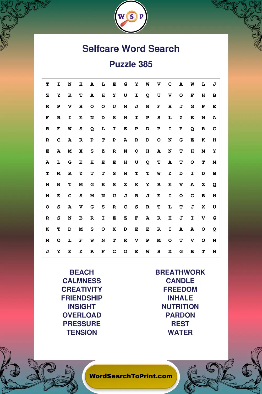 Selfcare Word Search Puzzle 385