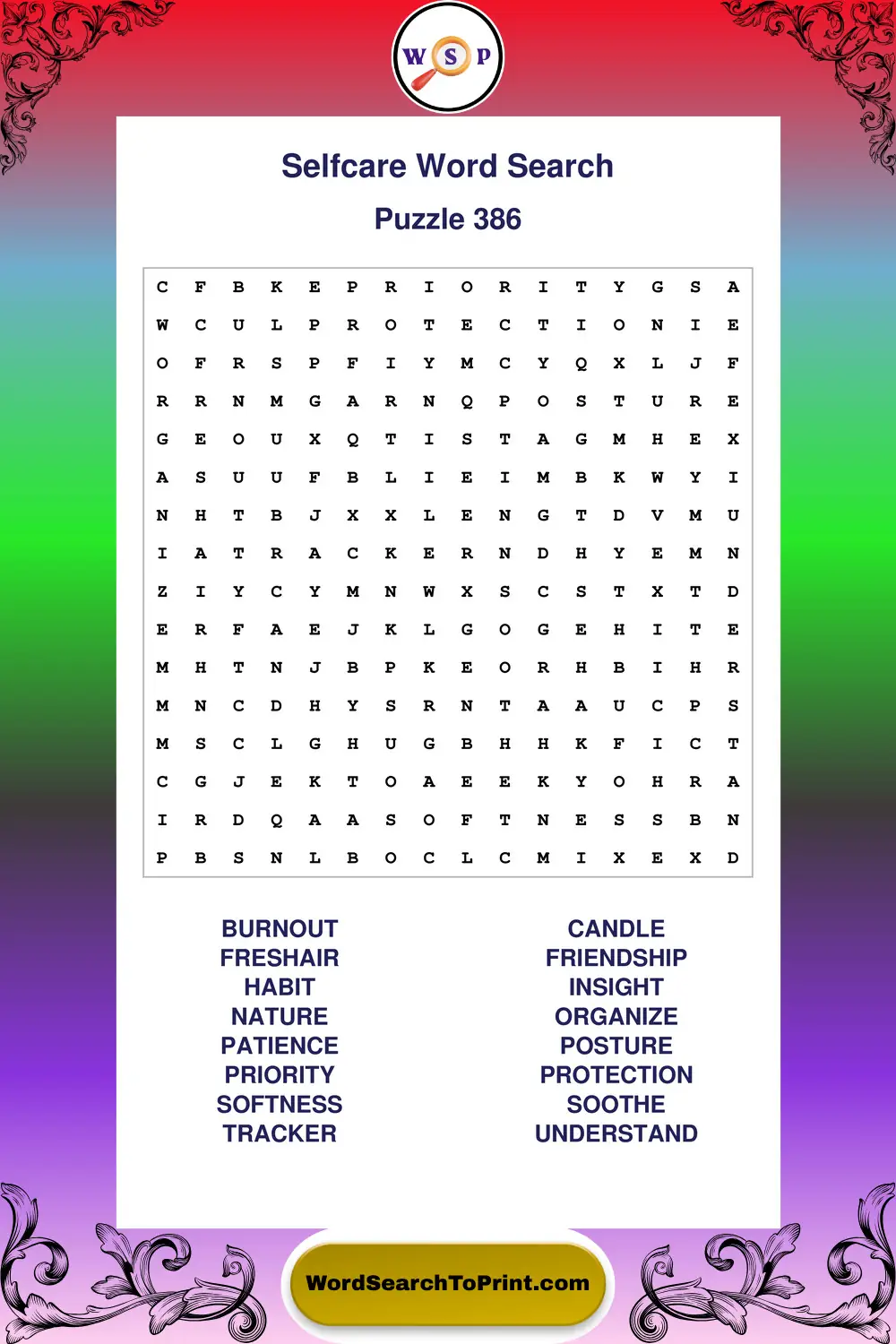 Selfcare Word Search Puzzle 386