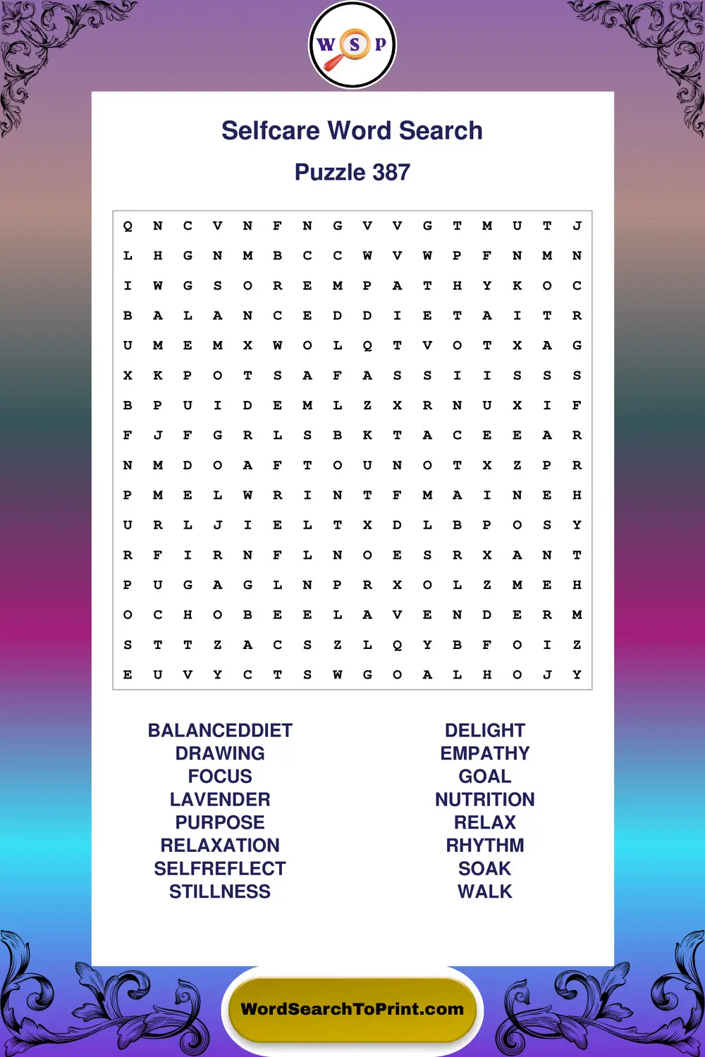 Selfcare Word Search Puzzle 387