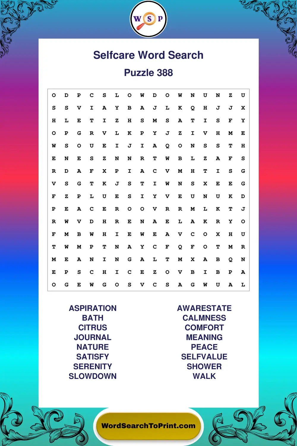 Selfcare Word Search Puzzle 388