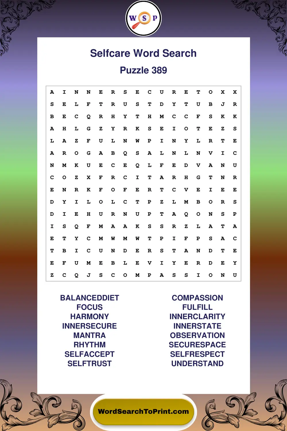 Selfcare Word Search Puzzle 389