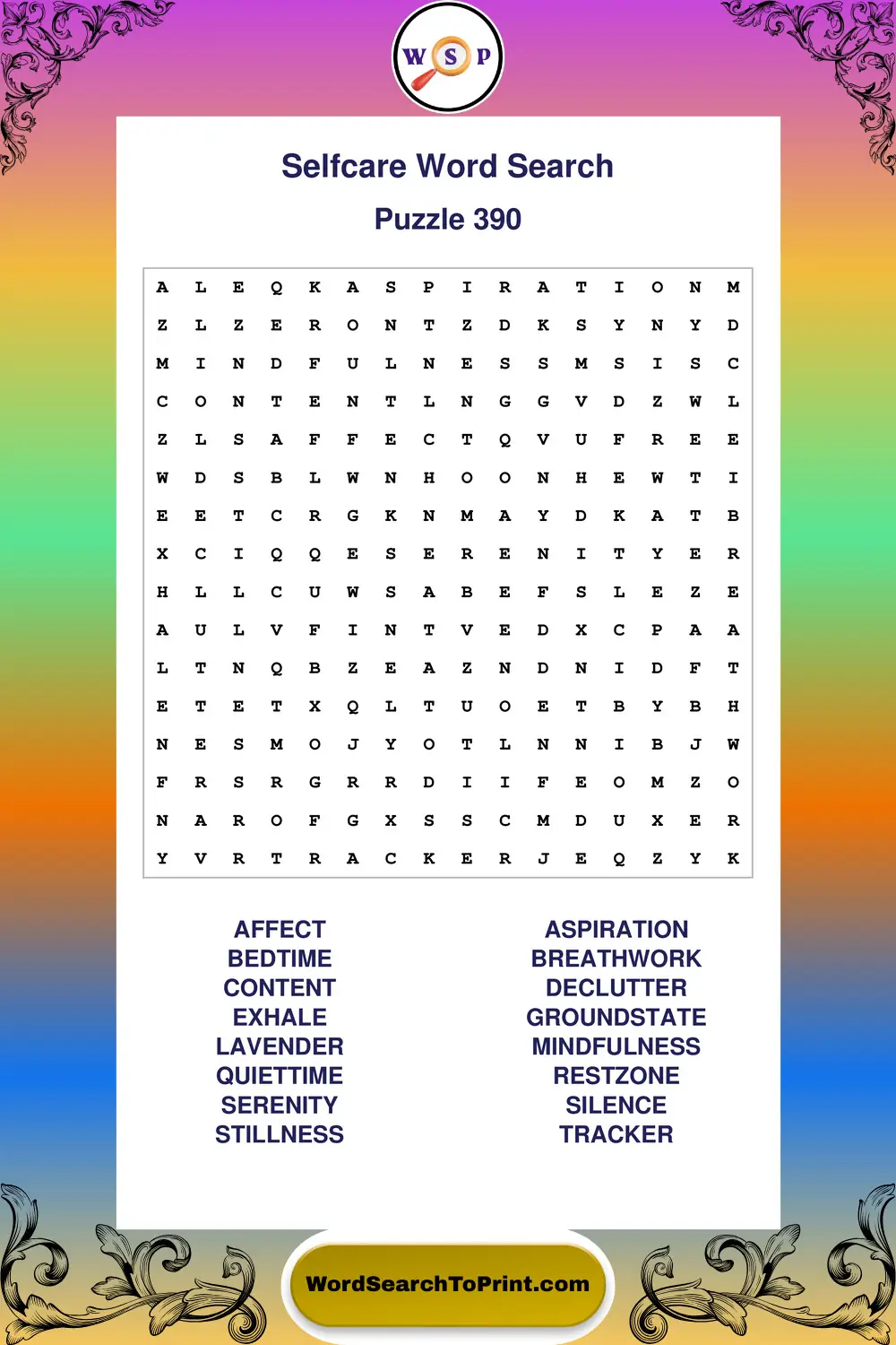 Selfcare Word Search Puzzle 390