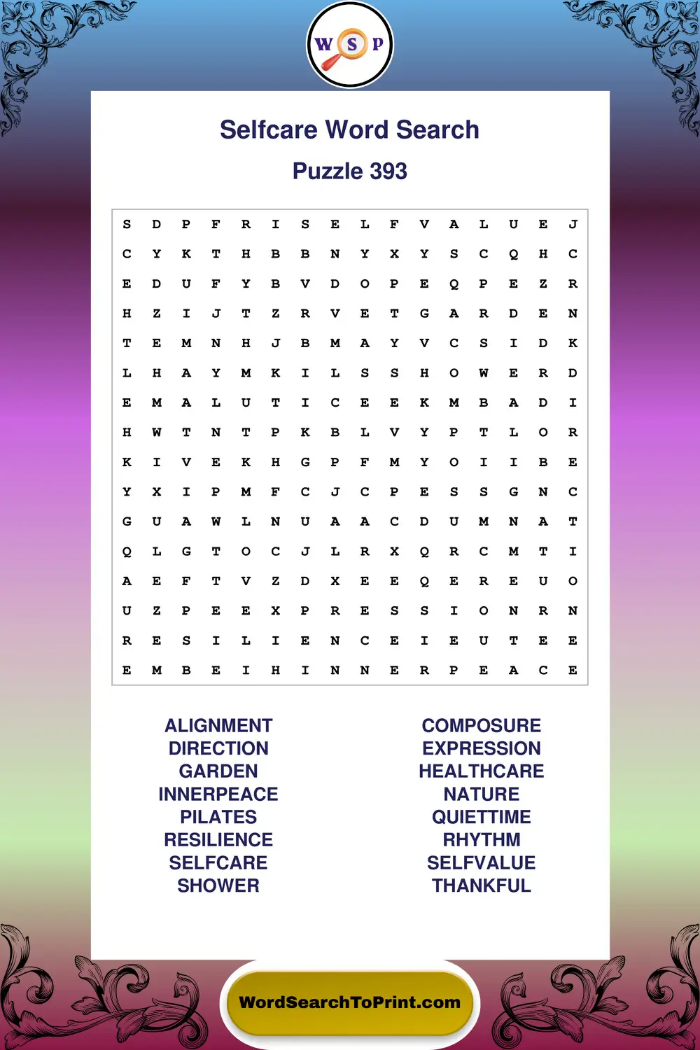 Selfcare Word Search Puzzle 393