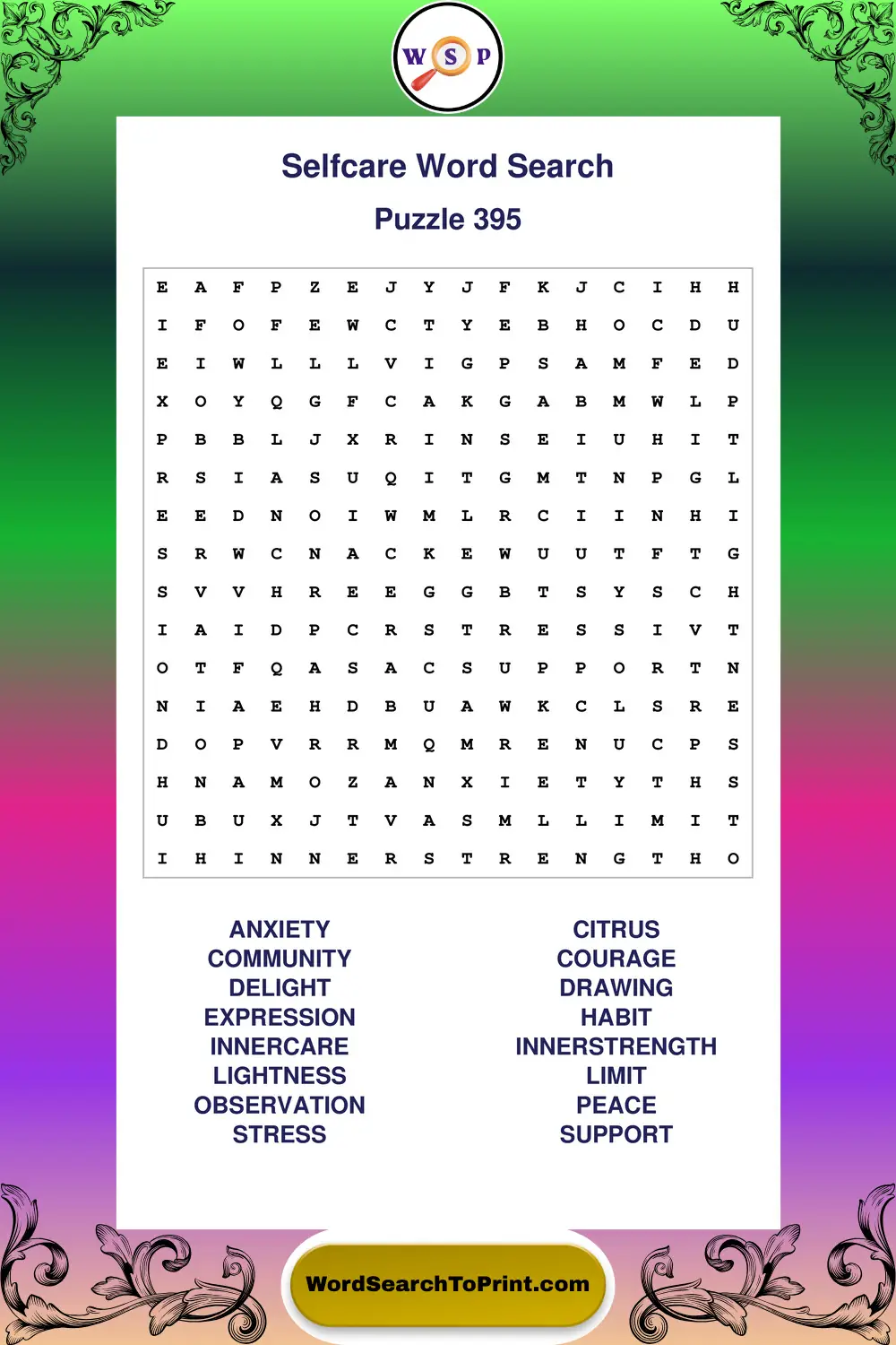 Selfcare Word Search Puzzle 395