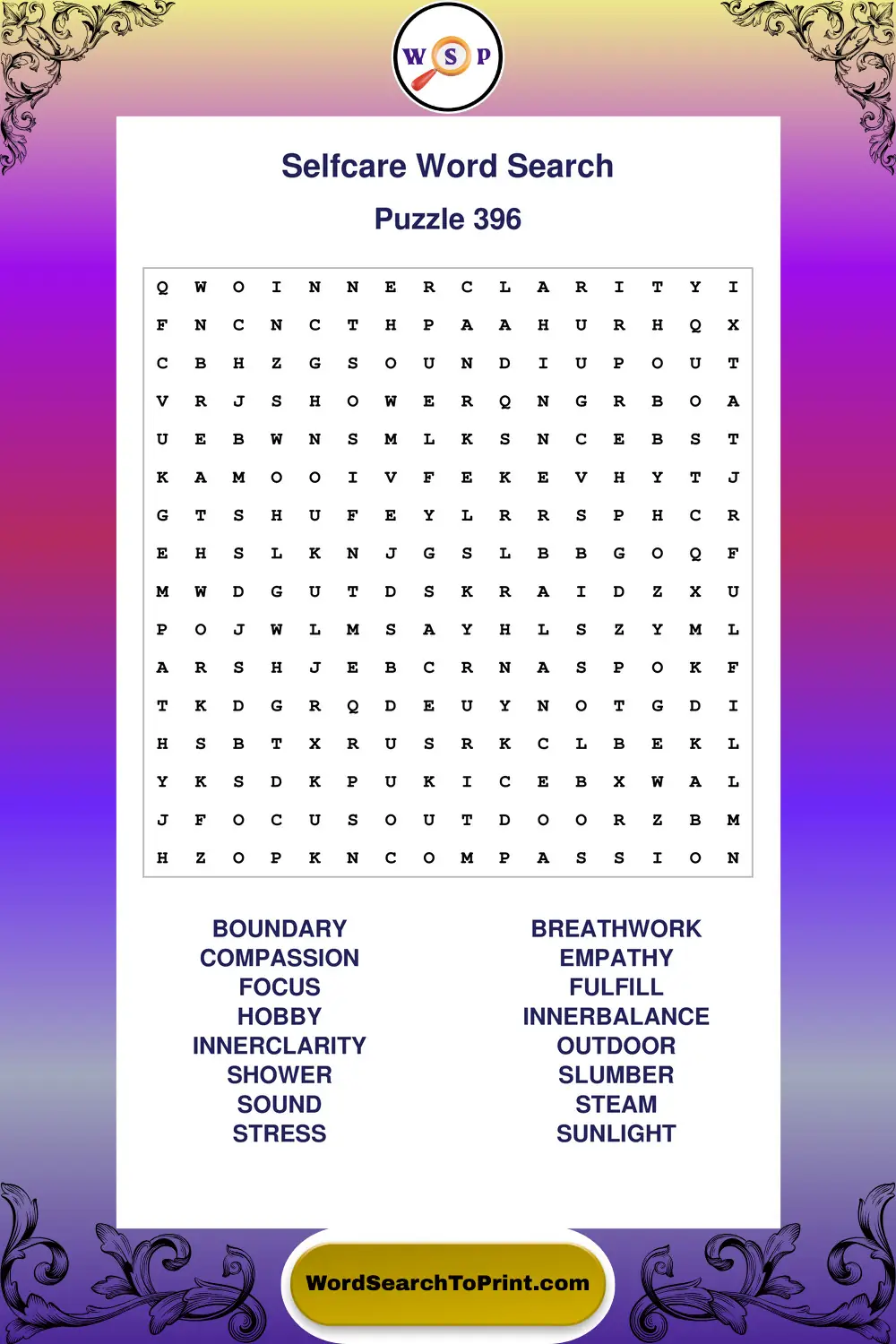 Selfcare Word Search Puzzle 396