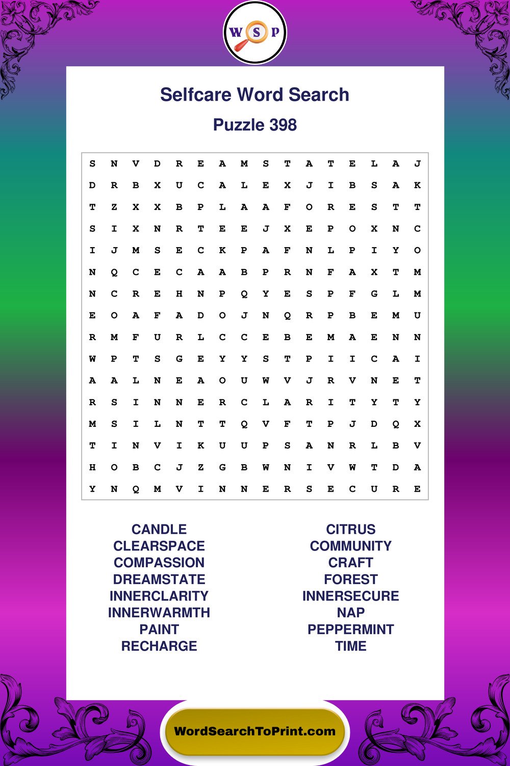Selfcare Word Search Puzzle 398