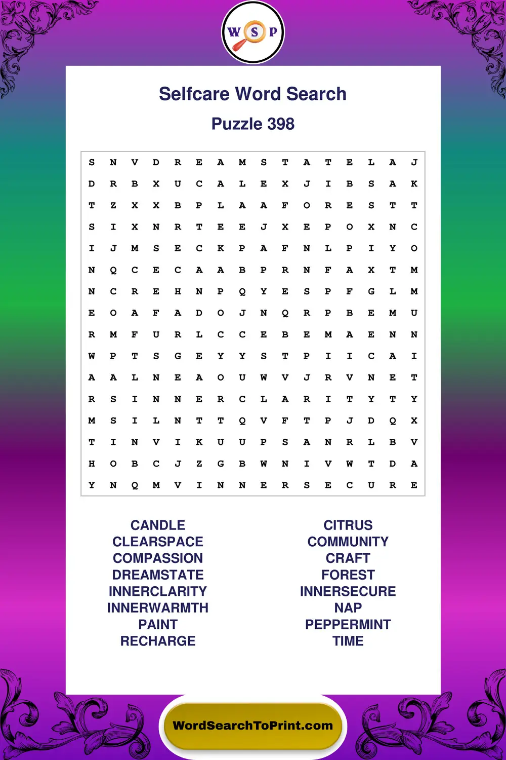 Selfcare Word Search Puzzle 398