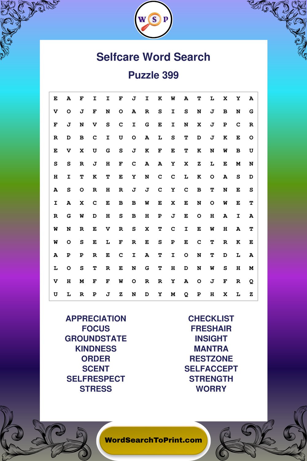 Selfcare Word Search Puzzle 399