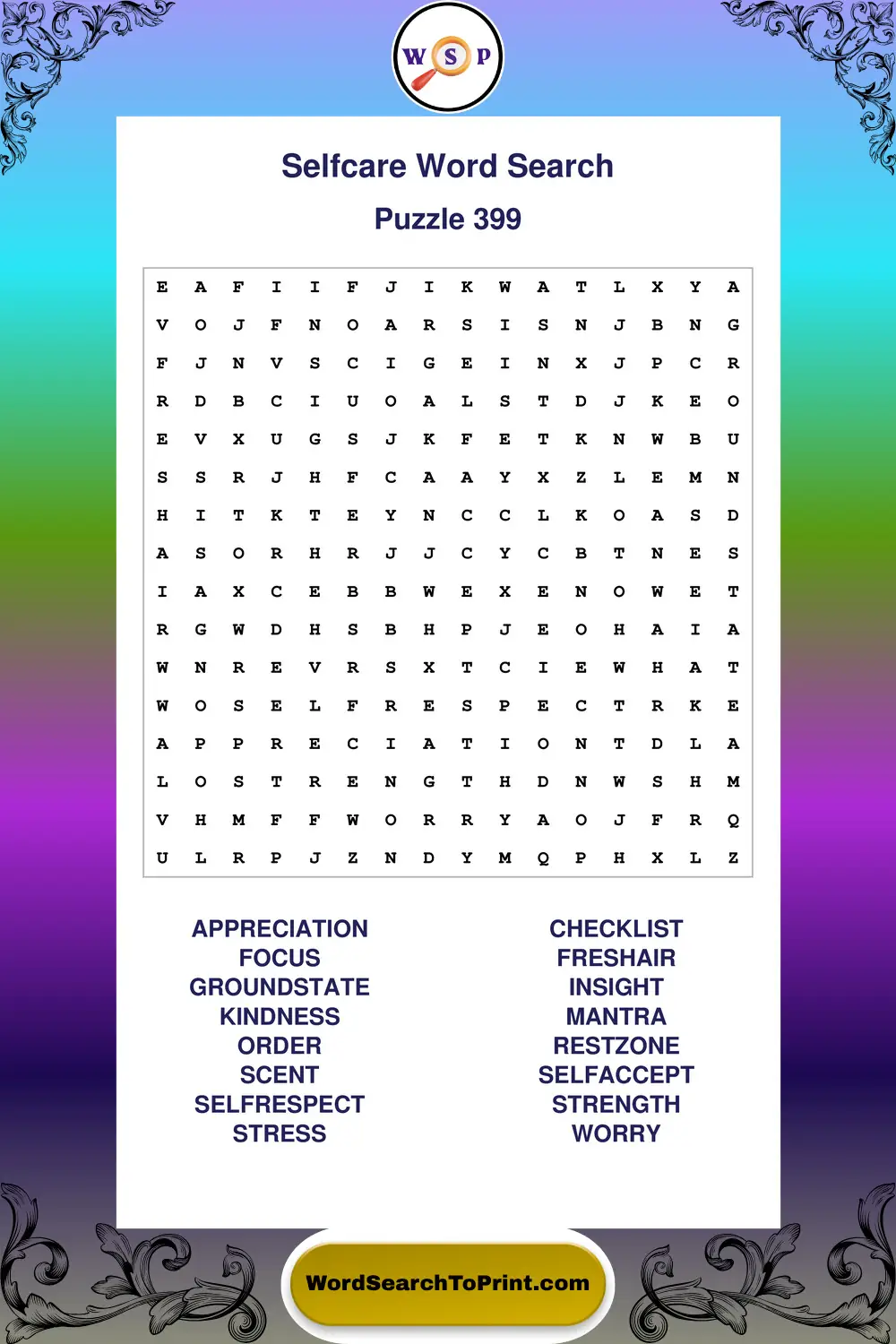Selfcare Word Search Puzzle 399