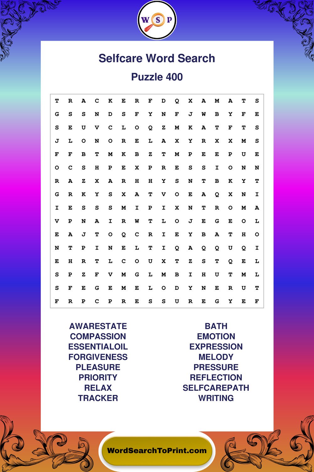 Selfcare Word Search Puzzle 400