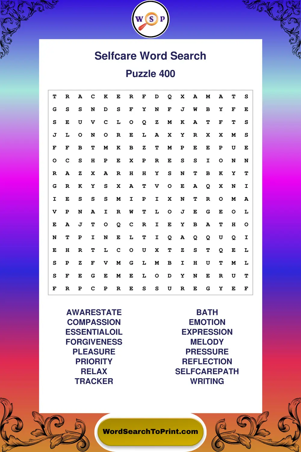 Selfcare Word Search Puzzle 400