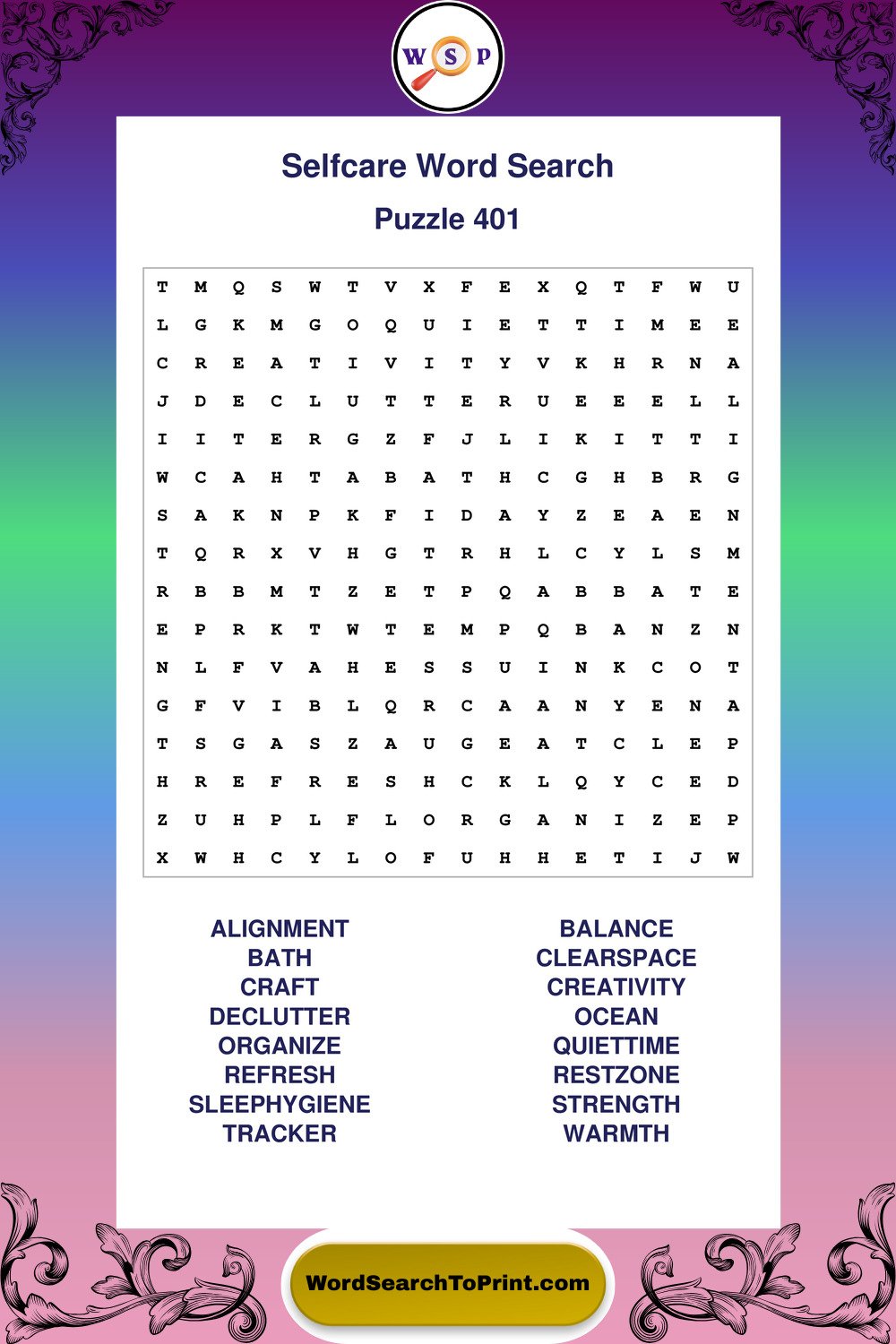 Selfcare Word Search Puzzle 401
