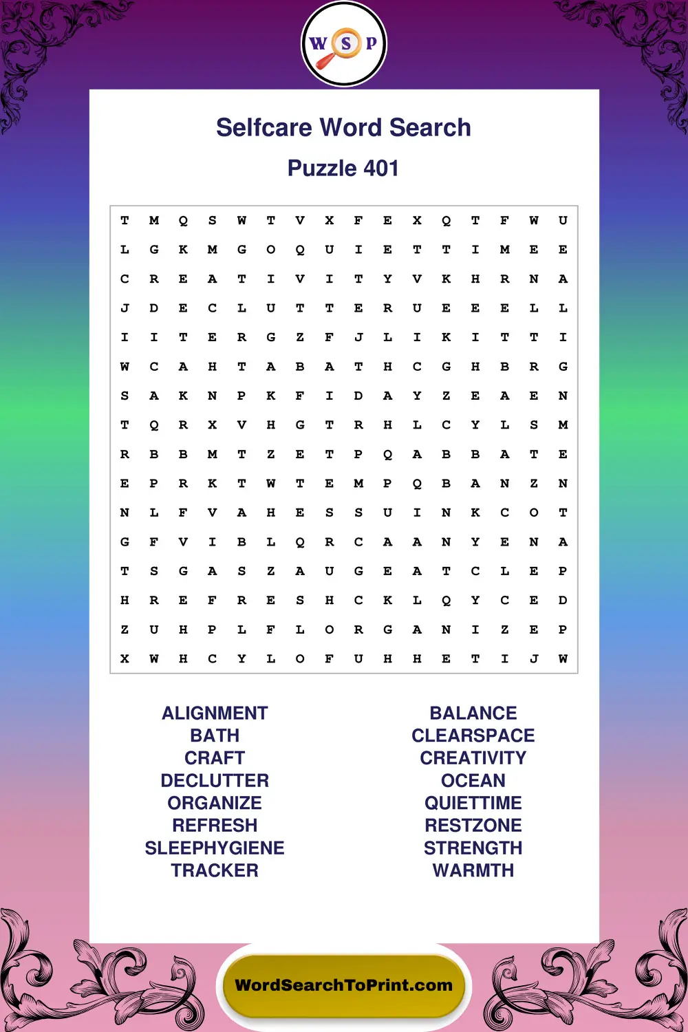 Selfcare Word Search Puzzle 401