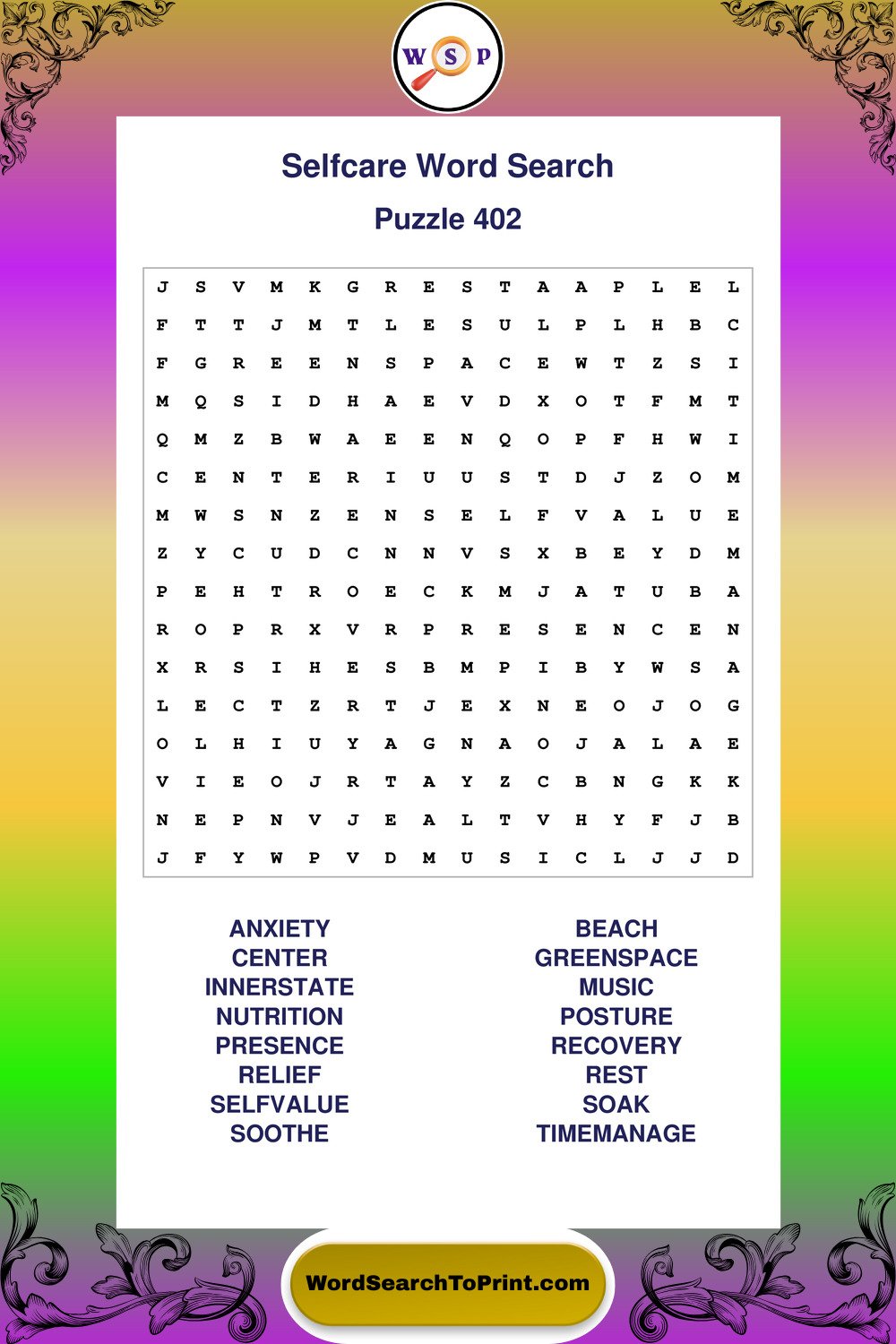 Selfcare Word Search Puzzle 402