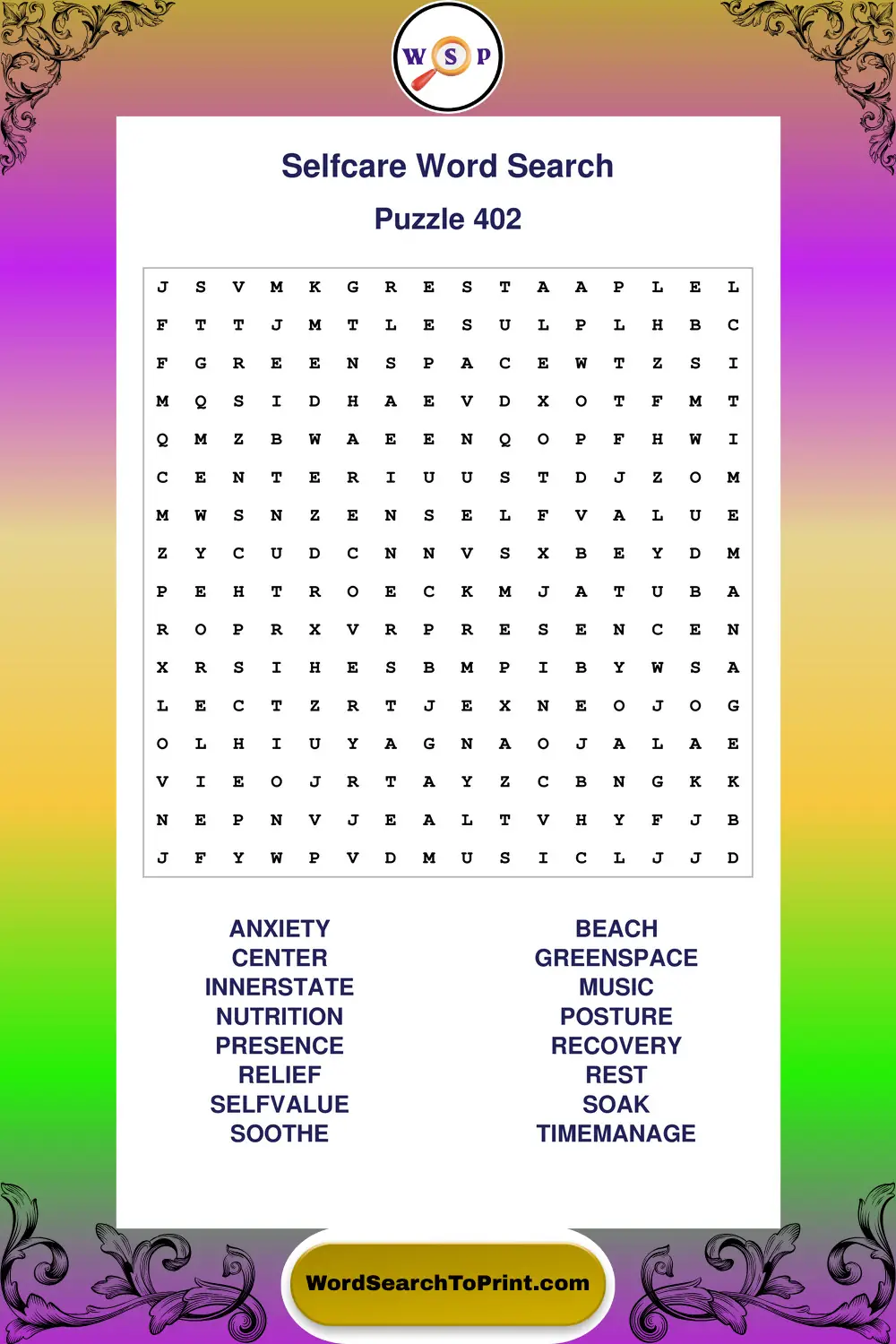 Selfcare Word Search Puzzle 402