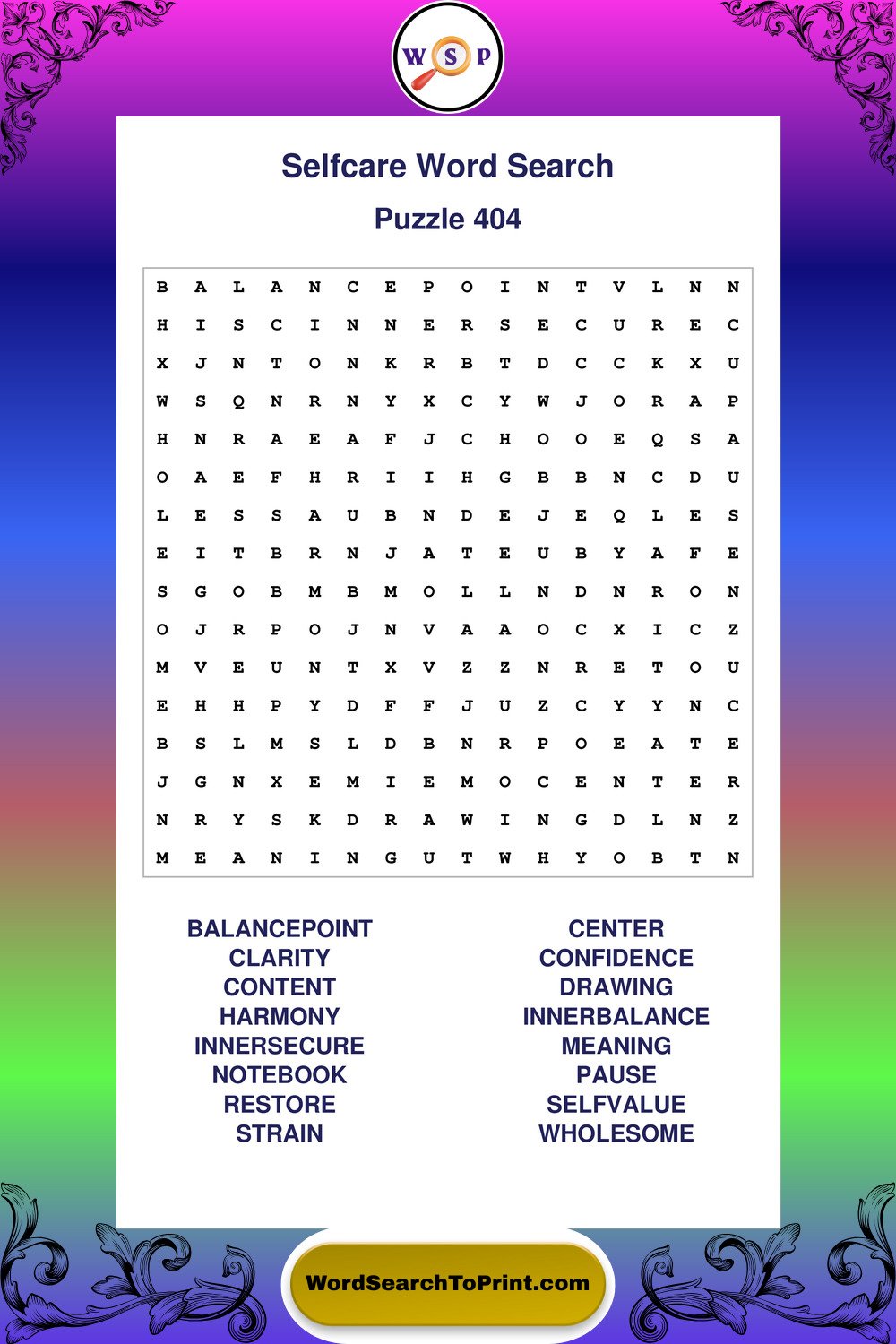 Selfcare Word Search Puzzle 404