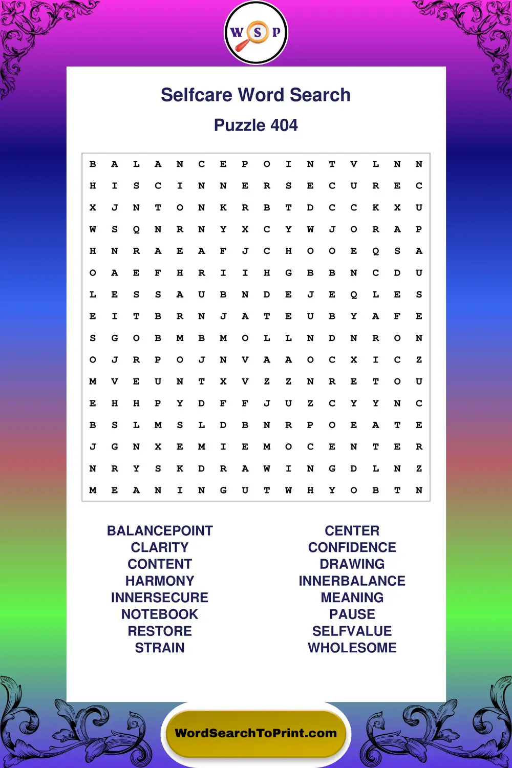Selfcare Word Search Puzzle 404