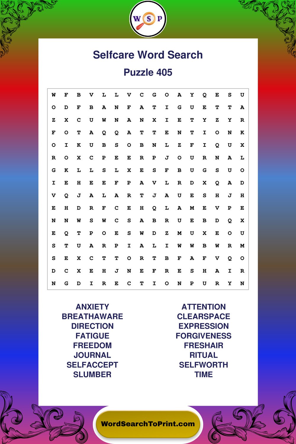 Selfcare Word Search Puzzle 405