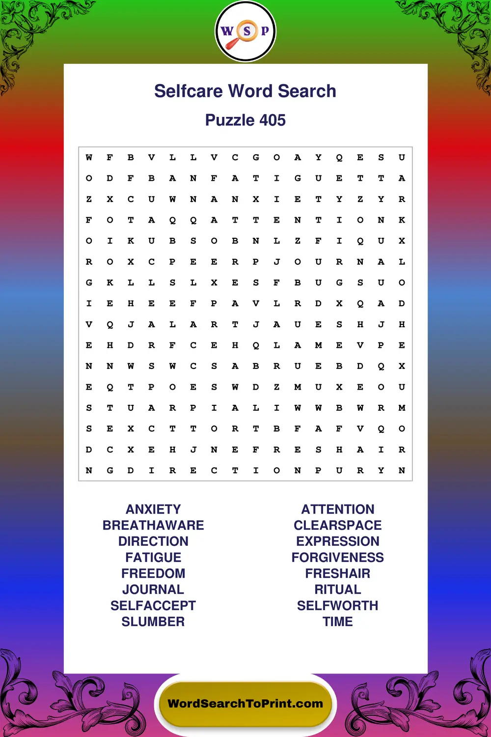 Selfcare Word Search Puzzle 405