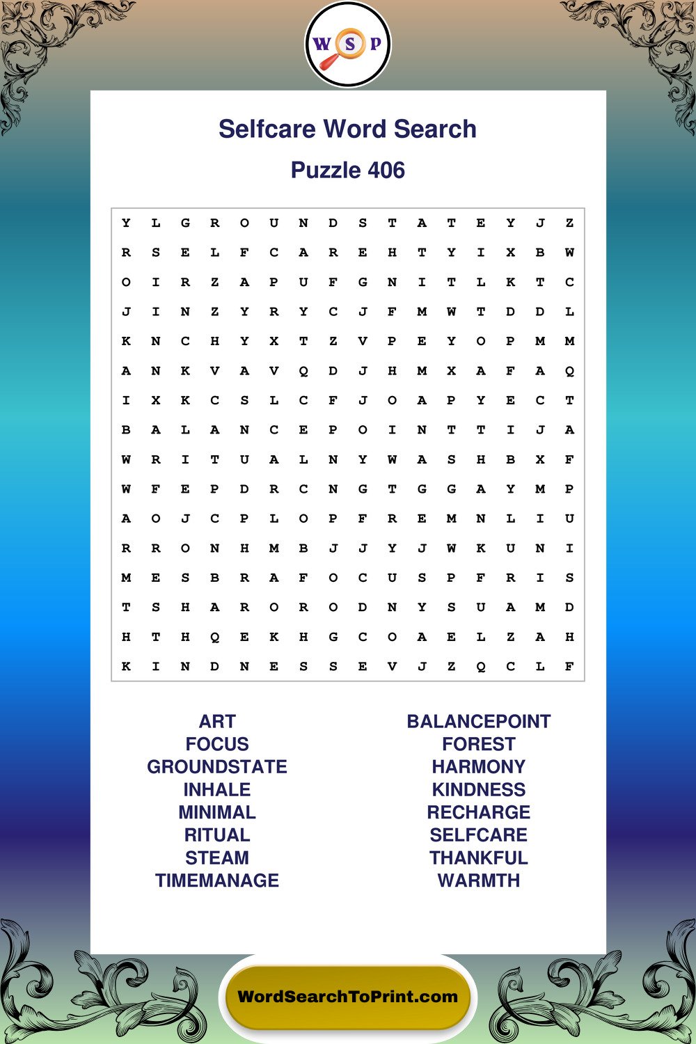 Selfcare Word Search Puzzle 406