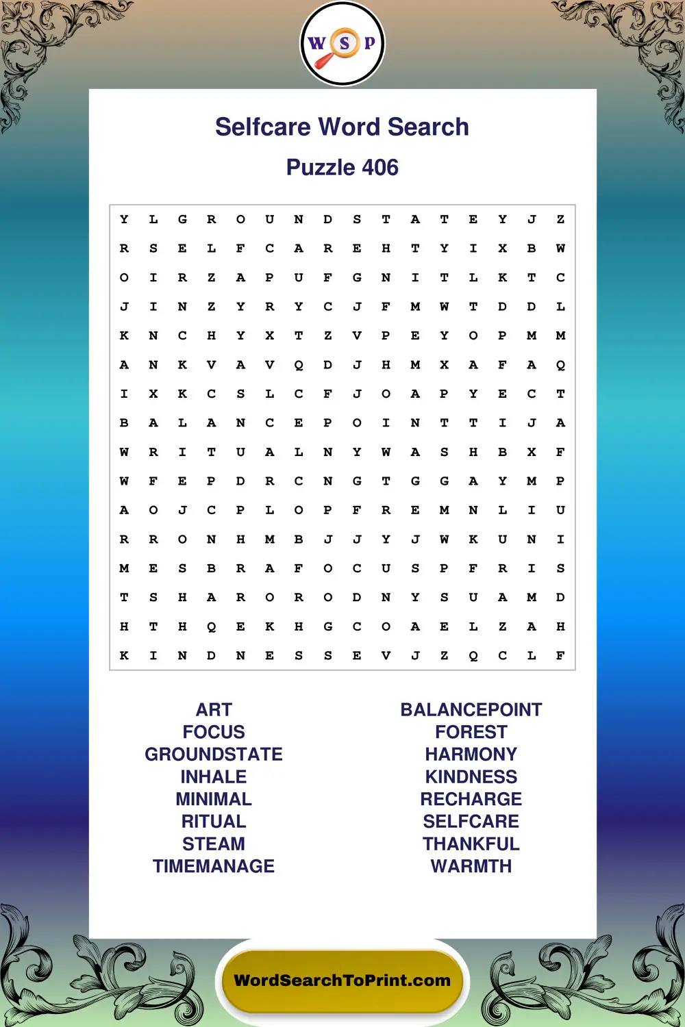 Selfcare Word Search Puzzle 406
