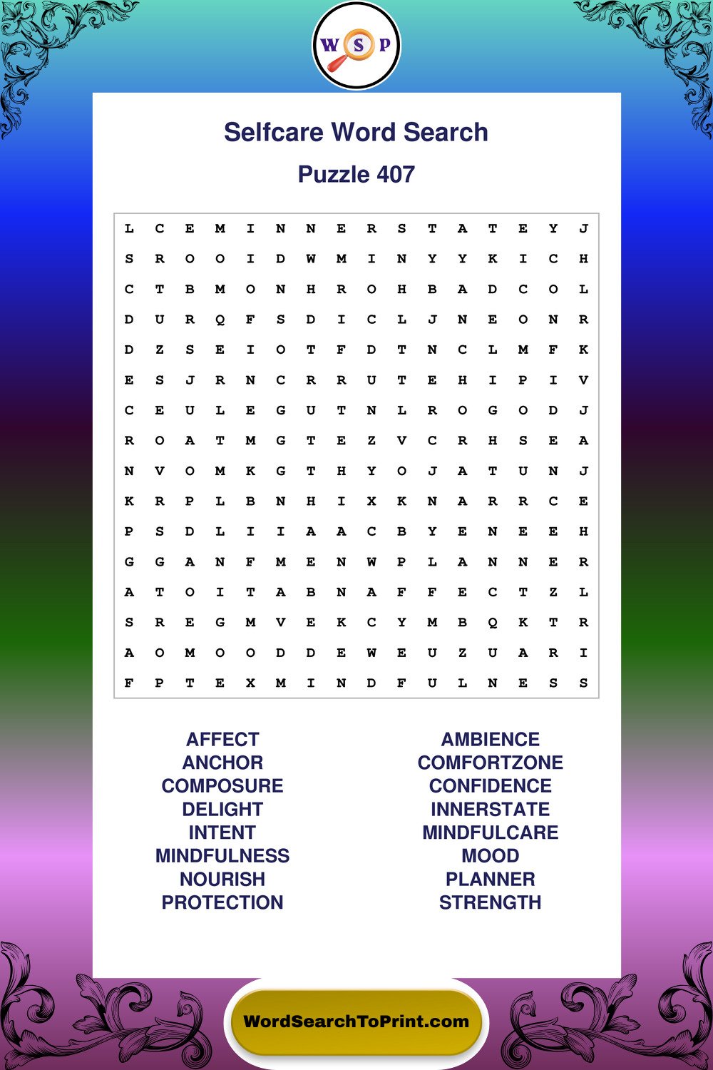 Selfcare Word Search Puzzle 407