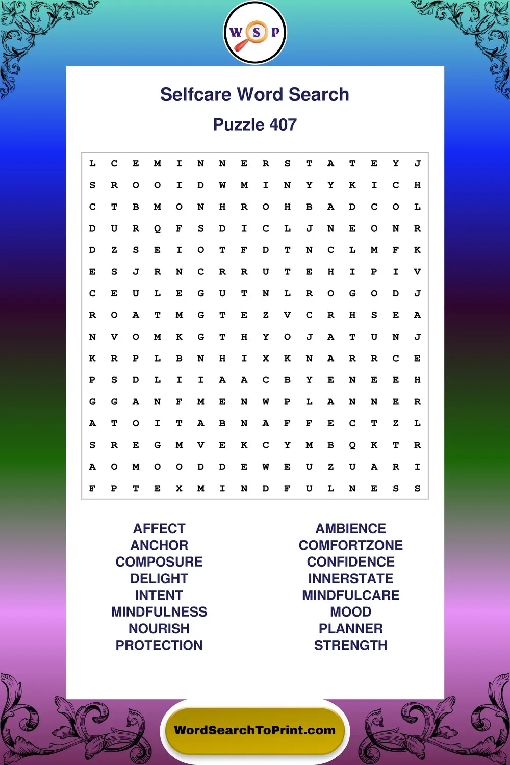 Selfcare Word Search Puzzle 407
