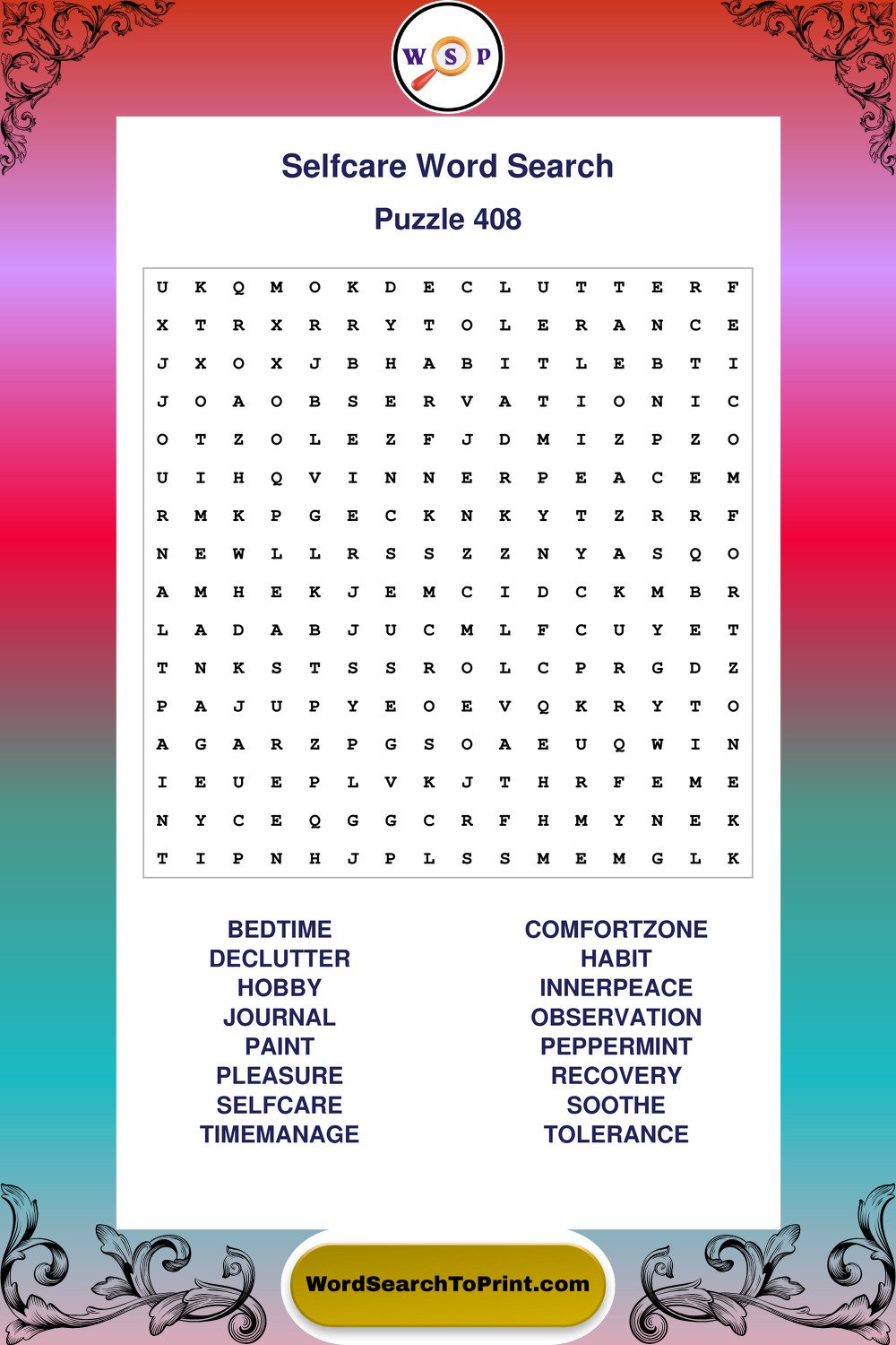 Selfcare Word Search Puzzle 408