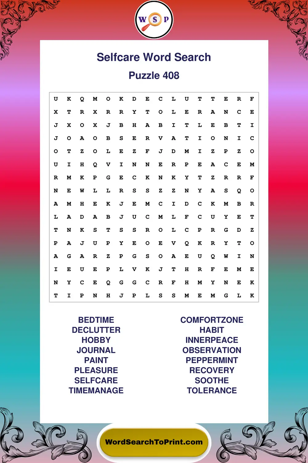 Selfcare Word Search Puzzle 408