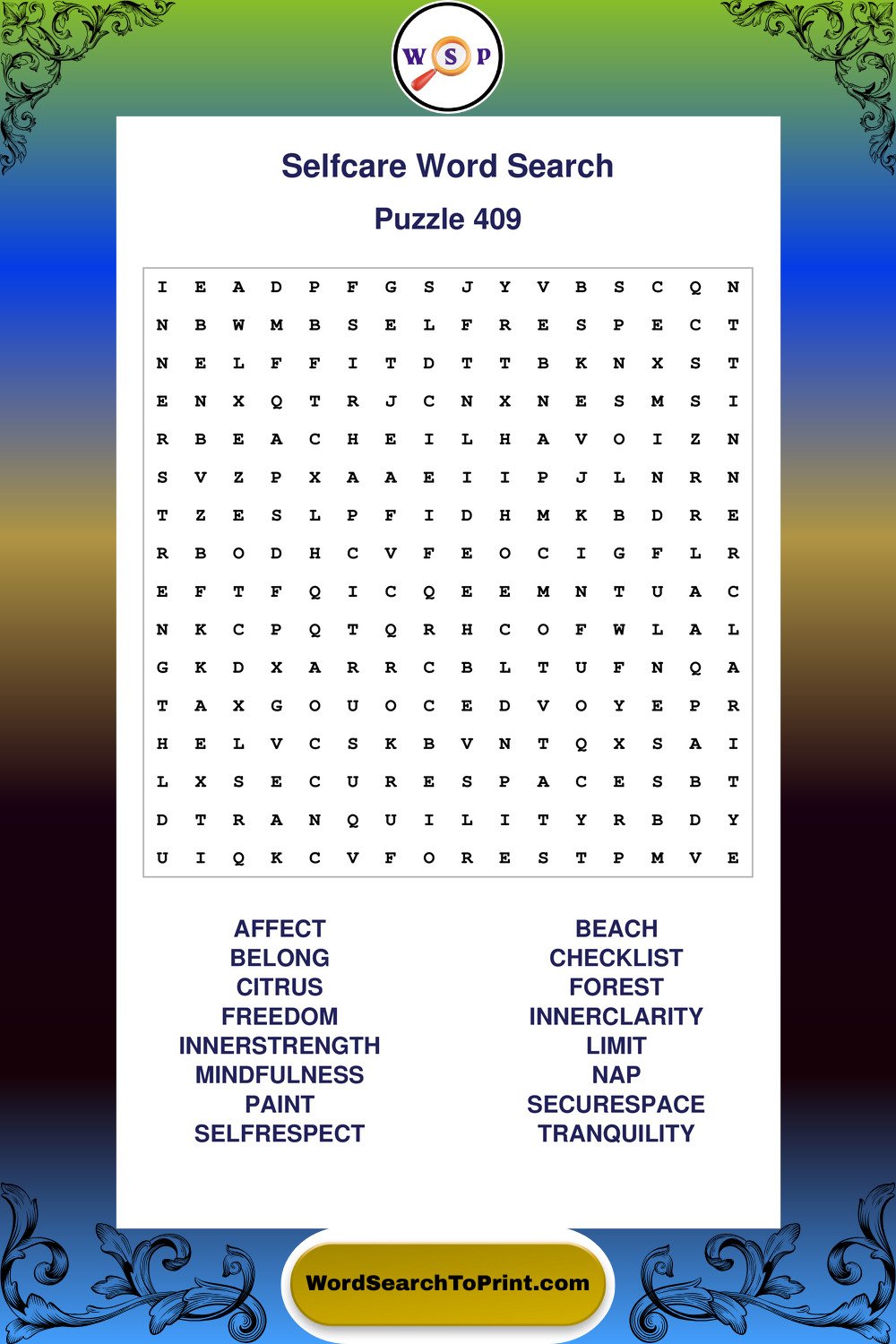 Selfcare Word Search Puzzle 409