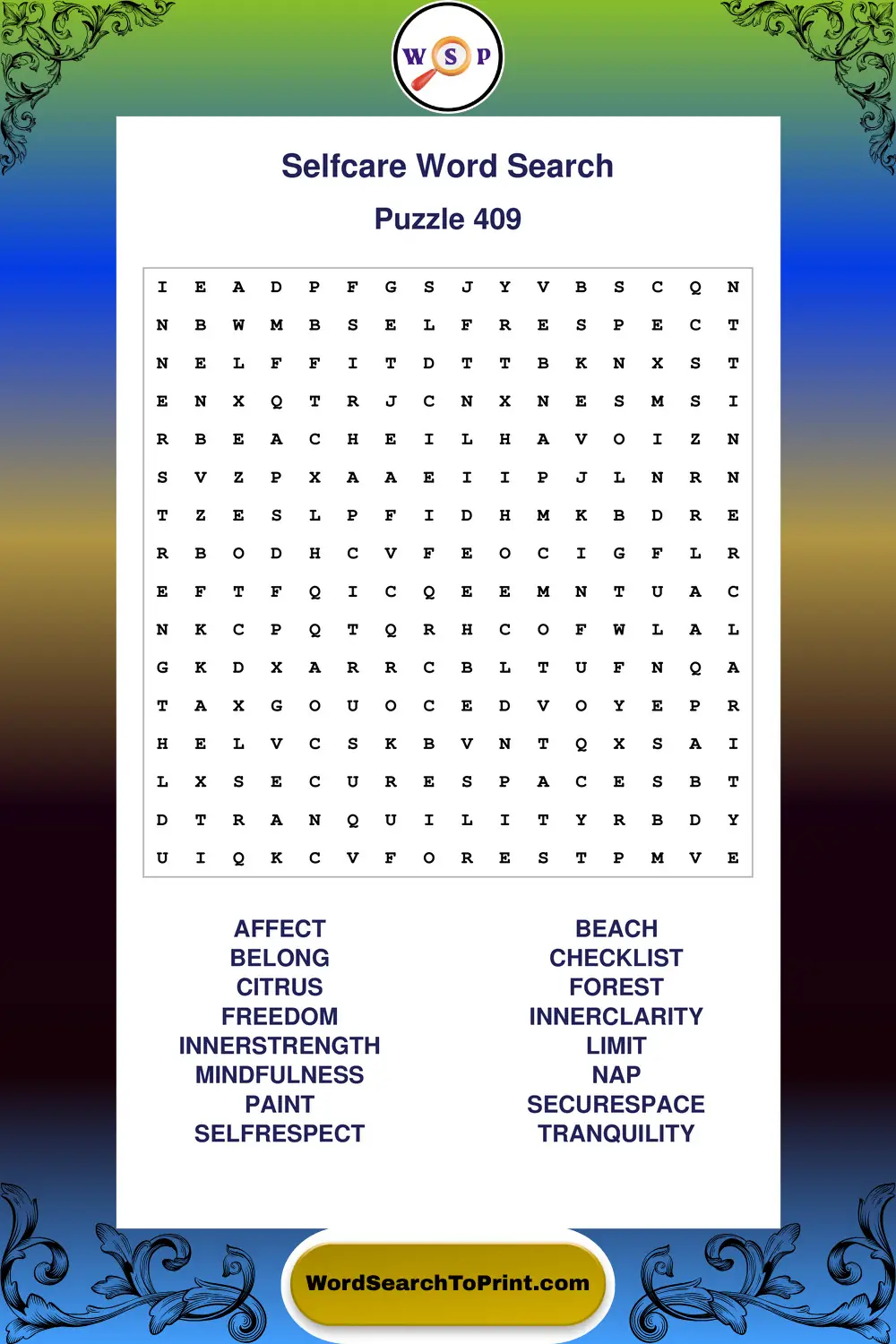 Selfcare Word Search Puzzle 409
