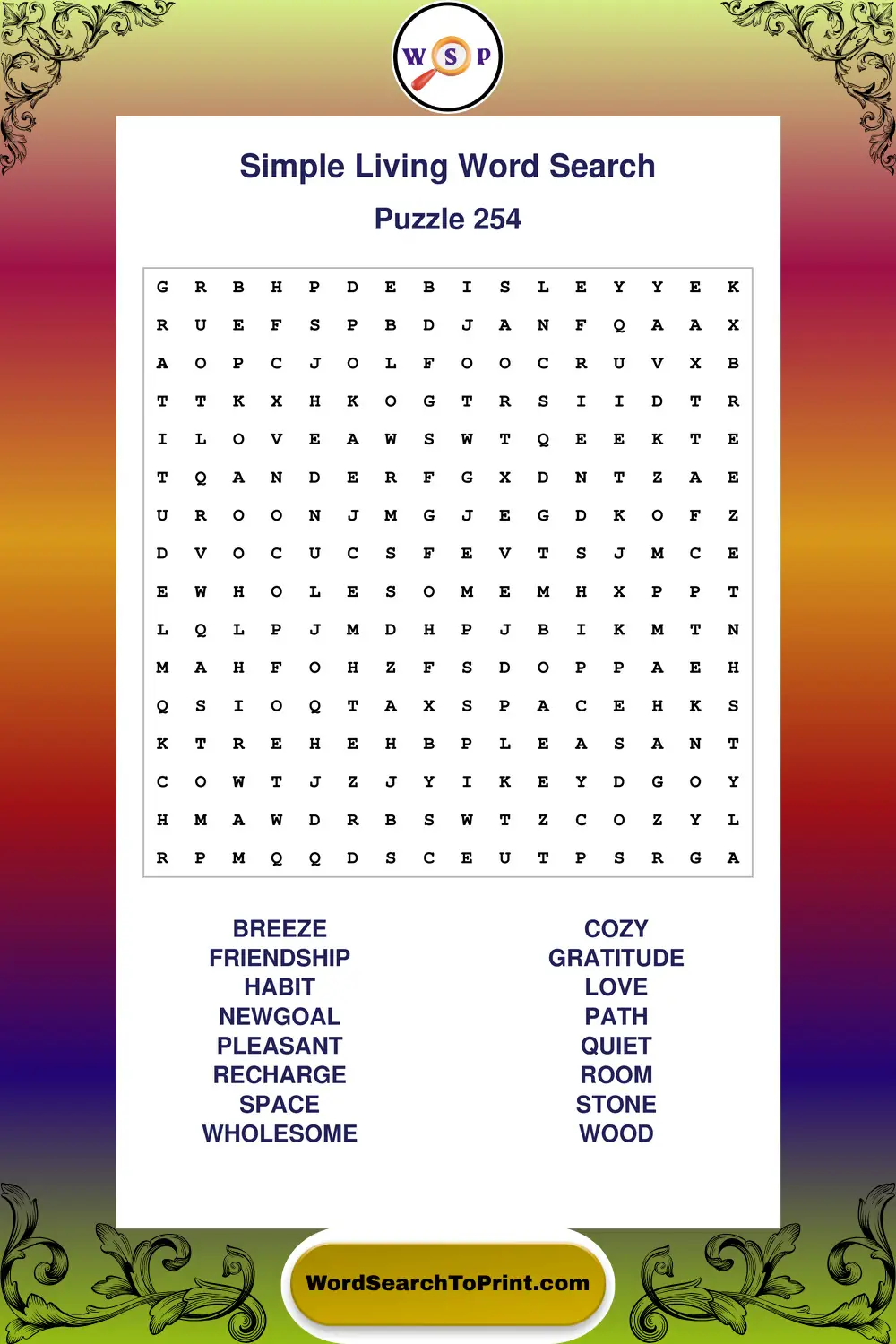Simple Living Word Search Puzzle 254