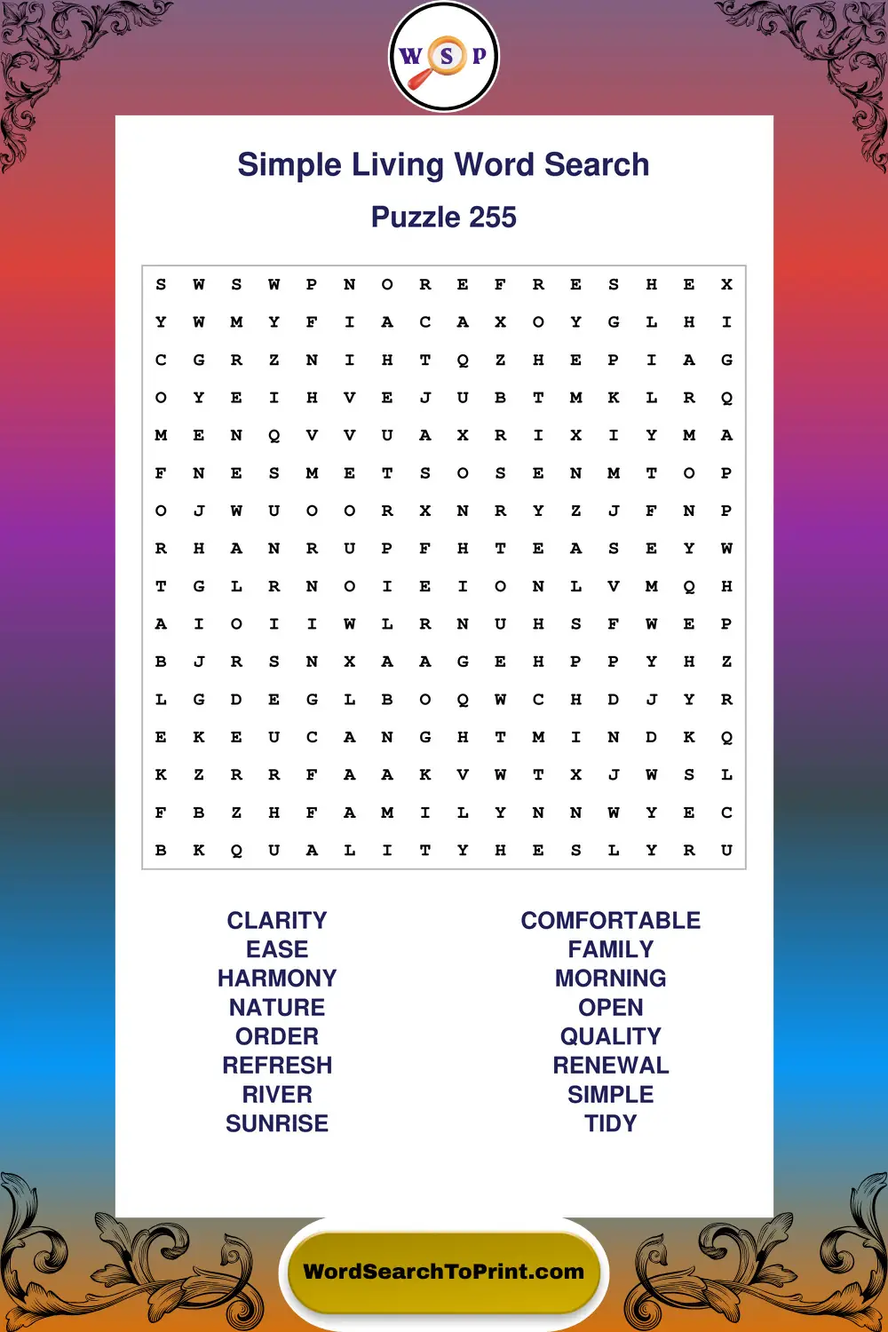 Simple Living Word Search Puzzle 255